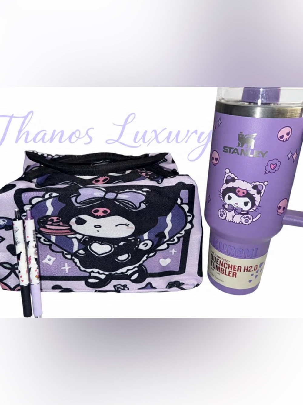 40oz Stanley Purple Kuromi Character Tumbler and Adult Sanrio Lunch Bag Set